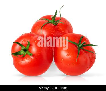 Three isolated tomatoes on white background. Stock Photo