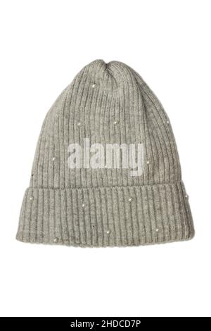 Gray winter womens wool knitted hat isolated on white Stock Photo