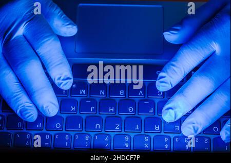 Doctor wearing protective gloves while working on computer Stock Photo
