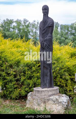 Bodrogkeresztur, Hungary - May 10, 2020: Seven leader memorial park in Bodrogkeresztur, Hungary. Two meter high wooden sculptures of Hungarian heroes Stock Photo