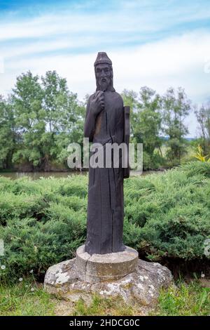 Bodrogkeresztur, Hungary - May 10, 2020: Seven leader memorial park in Bodrogkeresztur, Hungary. Two meter high wooden sculptures of Hungarian heroes Stock Photo