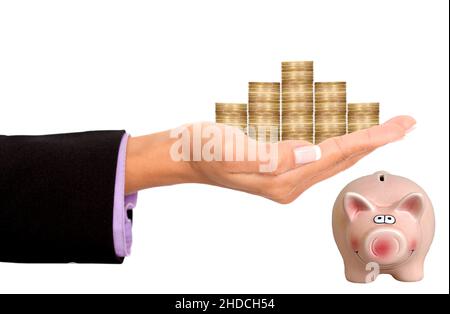 Hand mit Euro-Muenzen, Freisteller, Dividende aus Aktien, Sparschwein, Stock Photo