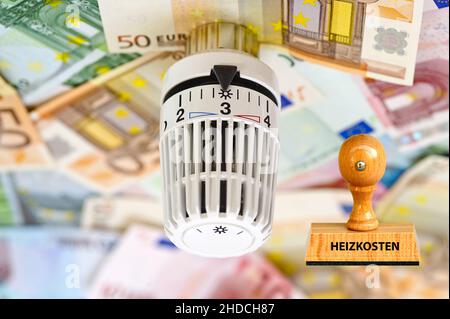 Thermostat, Temperaturregler, Heizung, Energiekosten, Euro, Banknoten,  Stempel Heinzkosten, Stock Photo