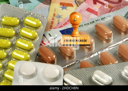 Medikamente, Stempel, Krankenkasse, Euro, Banknoten, Gesundheitskosten, Arzneimittel, Stock Photo