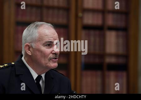 Washington, USA. 05th Jan, 2022. US Capitol Police Chief Thomas Manger testifies before a Senate Rules and Administration Committee during a hearing about Oversight of the US Capitol Police following the January 6th Attack on the Capitol today on January 05, 2021 at Russell Senate/Capitol Hill in Washington DC, USA. (Photo by Lenin Nolly/Sipa USA) Credit: Sipa USA/Alamy Live News Stock Photo