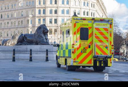 An ambulance at Trafalgar Square during the coronavirus pandemic. London, United Kingdom 18 February 2021. Stock Photo