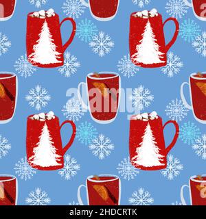Seamless pattern with mulled wine and hot cocoa with marshmallows snowflakes illustration on a blue background Stock Photo
