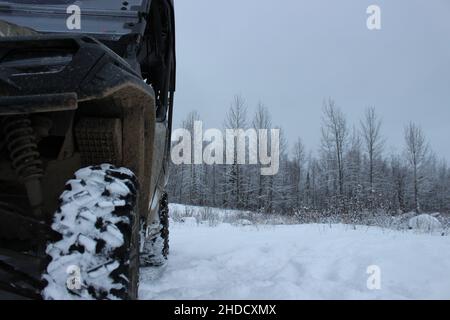 Exploring outdoors during the wintertime with a side-by-side honda pioneer. Stock Photo