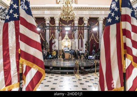 Washington, United States. 05th Jan, 2022. Preparations are made in Statuary Hall of the U.S. Capitol for the events marking the anniversary of January 6th in Washington, DC on Wednesday, January 5, 2022. Photo by Ken Cedeno/UPI Credit: UPI/Alamy Live News Stock Photo