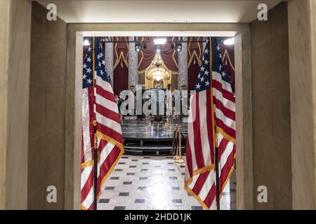 Washington, United States. 05th Jan, 2022. Preparations are made in Statuary Hall of the U.S. Capitol for the events marking the anniversary of January 6th in Washington, DC on Wednesday, January 5, 2022. Photo by Ken Cedeno/UPI Credit: UPI/Alamy Live News Stock Photo