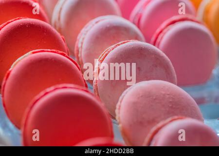 Rows of bright colorful macarons on counter of candy shop Stock Photo