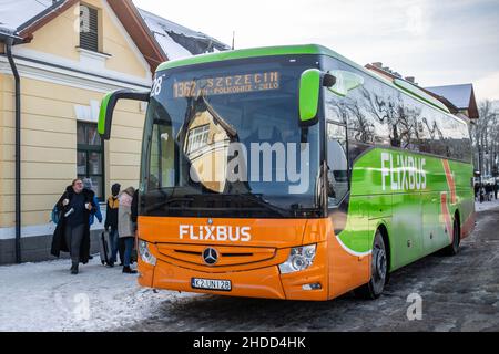 Zakopane, Poland - December 28, 2021: Flixbus at Zakopane Bus Station on December 28,2021. Stock Photo