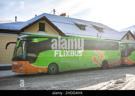 Zakopane, Poland - December 28, 2021: Flixbus at Zakopane Bus Station on December 28,2021. Stock Photo