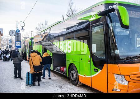 Zakopane, Poland - December 28, 2021: Flixbus at Zakopane Bus Station on December 28,2021. Stock Photo