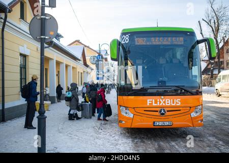 Zakopane, Poland - December 28, 2021: Flixbus at Zakopane Bus Station on December 28,2021. Stock Photo