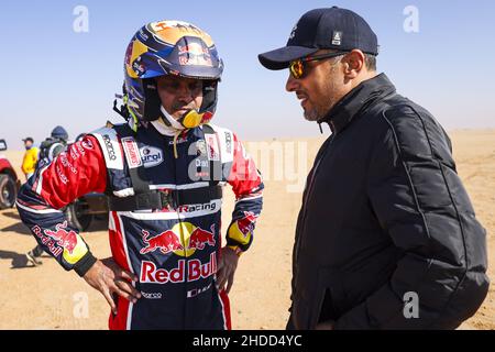 Al-Attiyah Nasser (qat), Toyota Gazoo Racing, Toyota GR DKR Hilux T1+, Auto FIA T1/T2, W2RC, Prince Abdulaziz bin Turki AlFaisal Al Saud, Chairman of the Saudi Arabia General Sports Authority, portrait at the start, DSS during the Stage 4 of the Dakar Rally 2022 between Al Qaysumah and Riyadh, on January 5th 2022 in Riyadh, Saudi Arabia - Photo: Julien Delfosse/DPPI/LiveMedia Stock Photo