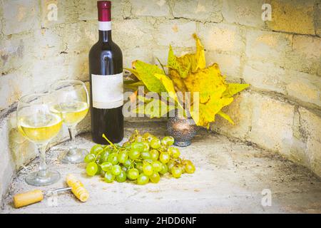 Set up of red bottle of wine with full glasses, green grapes and autun leafs in vase with blank space bacground of brick wall.