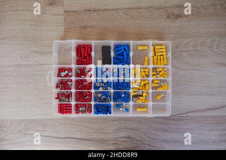 metal connector. tips for cables and wires. reliable electrical contact. accessories and spare parts. electrical connectors isolated Stock Photo