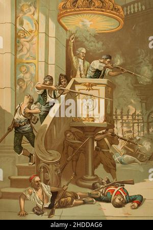 History of Spain. War of Independence (1808-1814). Second Siege of Saragossa (20 December 1808 to 21 February 1809). Heroic combat in the pulpit of the church of San Agustin in Saragossa during the second siege of 1809. Illustration based on the painting by César Alvarez Dumont in 1887. Chromolithography. 'Historia General de España' (General History of Spain), by Miguel Morayta. Volume VI. Madrid, 1892. Stock Photo