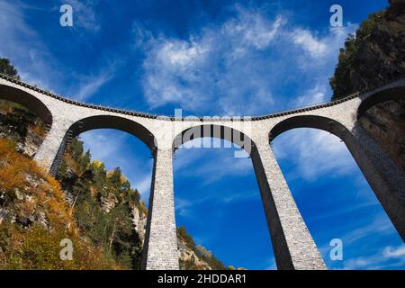 spectacular view at Train crossing Landwasser Viaduct Landwasserviadukt, Graubunden, Switzerland. Stock Photo