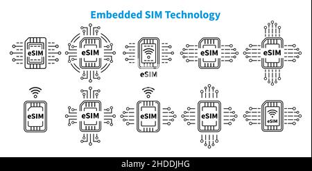 eSIM Embedded SIM chip card mobile cellular communication,  internet technology line icon set. Microchip, electronic processor for smartphone. Vector Stock Vector