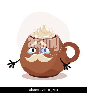 Cartoon coffee cup with whipped cream. Cartoon character old gentleman. Christmas hot drink. Funny vector illustration for sticker pack Stock Vector