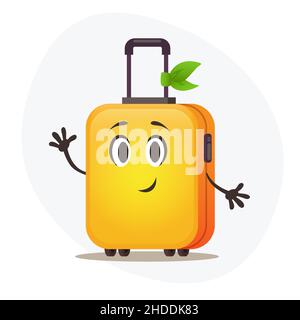 Big yellow plastic suitcase on wheels and with telescopic handle waitng vacation.Large travel bag. Stock Vector