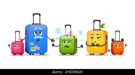 Funny travel bags family on vacation. Suitcases set. Different size of baggage Stock Vector