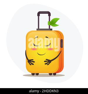 Confused big yellow suitcase on wheels and postmarks on plastic corpus dreaming about vacation Stock Vector