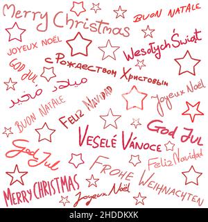 Christmas wishes in different languages. World cultures Christmas wishes handwriting. Stock Vector