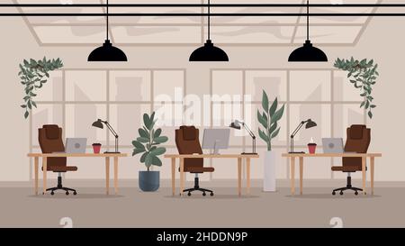 Loft modern open space office interior. Flat vector workplace. Stock Vector