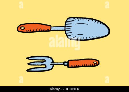 Garden trowel and fork cartoon style. Gardening tools doodle style illustration. Garden hobby equipment isolated vector object. Stock Vector
