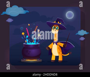 Funny cartoon giraffe in witch clothes standing near magic pot with candies and magic wand in hand. Colorful halloween illustration fo marketing Stock Vector