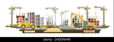 Building. Modern residential and industrial buildings. Lifting crane. Bulldozer and excavator. Modern technologies and equipment. Isolated Stock Vector