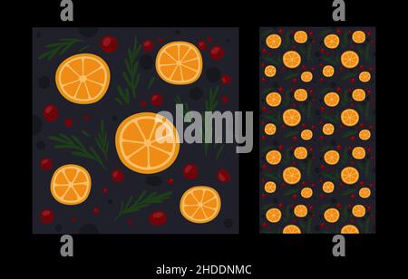 New year hand drawn pattern with orange, red berries and green firs. Decoration for christmas card and packaging paper. Seamless texture. Stock Vector
