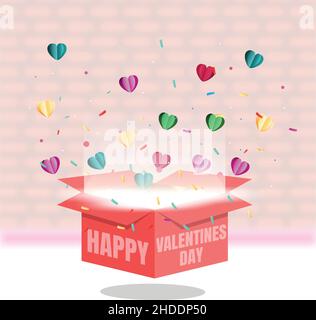 Open gift box with isolated hearts in white. Flying heart with confetti. For Happy Women's, Mother's, Valentine's Day, birthday greeting card designs Stock Vector