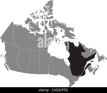 Black flat blank highlighted locator administrative map of the Canadian province of QUEBEC inside gray flat map of CANADA Stock Vector