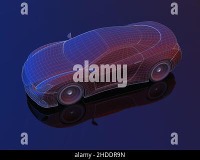 Sports car blueprint concept made in 3D software. Concept image of prototype and aerodynamic tests. Clipping path included. Stock Photo