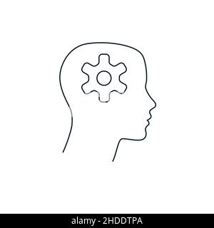 Human head with cogwheel inside linear icon. Artificial intelligence. Thin line illustration. Robot. Stock Vector