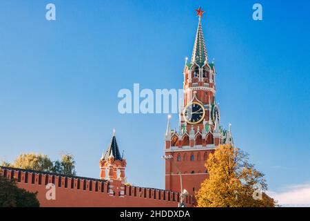 Kremlin wall and Spasskaya tower in autumn afternoon Stock Photo