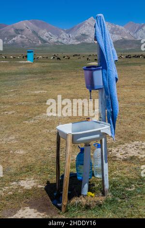Hand washing sink at the National Horse Games Festival at the shores of Son Kol Lake, Kyrgyzstan