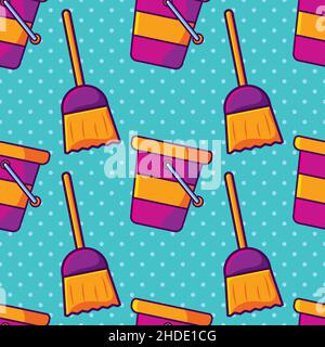 broom with bucket for cleaning concept seamless pattern vector illustration Stock Vector