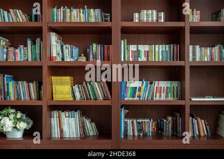 Chiang Rai,Thailand - Sep 06, 2020 : View of Wooden bookcase of different books for home library. Books, Literature and plants on the shelves in libra Stock Photo