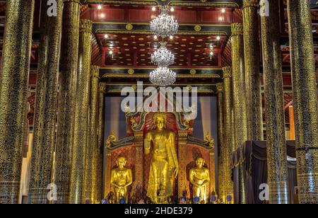 Chiangmai, Thailand - Sep 07, 2019 : The golden buddha image inside the Buddhist church at the famous Wat Chedi Luang Varavihara It is a temple locate Stock Photo
