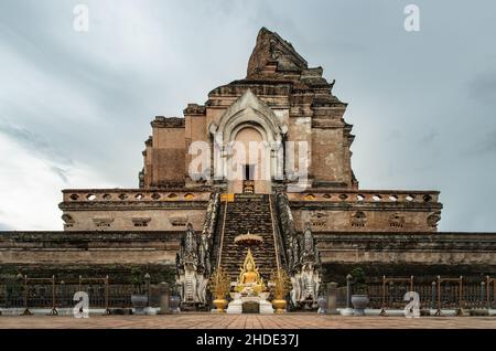Chiangmai, Thailand - Sep 07, 2019 : Ancient large pagoda at Wat Chedi Luang Varavihara It is a temple located in the Chiang Mai province at Thailand.
