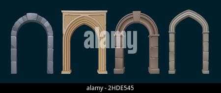 Architecture arches with stone columns, antique gates for interior or exterior with pillars, palace or castle archway decorative frames. Portal entrance, antique doorways Cartoon vector illustration Stock Vector