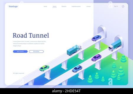 Road tunnel banner with car traffic on highway and tunnel entrance in wall. Vector landing page with isometric illustration of overpass, bridge with freeway, vehicles, trucks and underground corridor Stock Vector