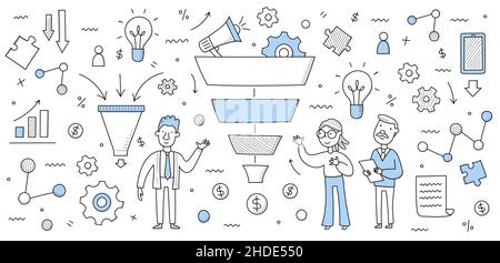 Sales funnel business concept, doodle businesspeople stand at huge filter analysing marketing strategy, clients attraction or conversion and outline infographic icons around Linear vector illustration Stock Vector