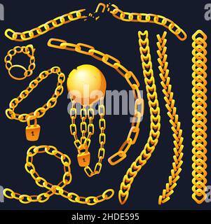 Golden chains with whole and broken links, gold bob and padlock, connected yellow metal rings. Heavy decorative or jewelry elements, bracelets isolated on black background Cartoon vector illustration Stock Vector