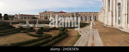 Hanging Gardens of the Palace of Queluz, view from the steps of the Ballroom wing, panoramic shot, near Lisbon, Portugal Stock Photo